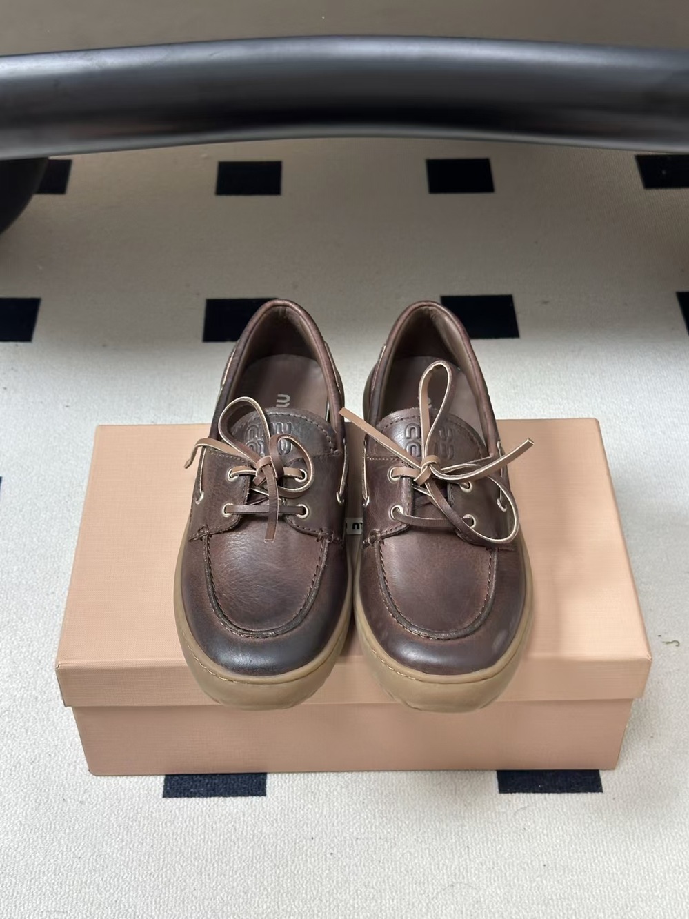 Miu Miu Dark Brown Lace Up Boat Shoes